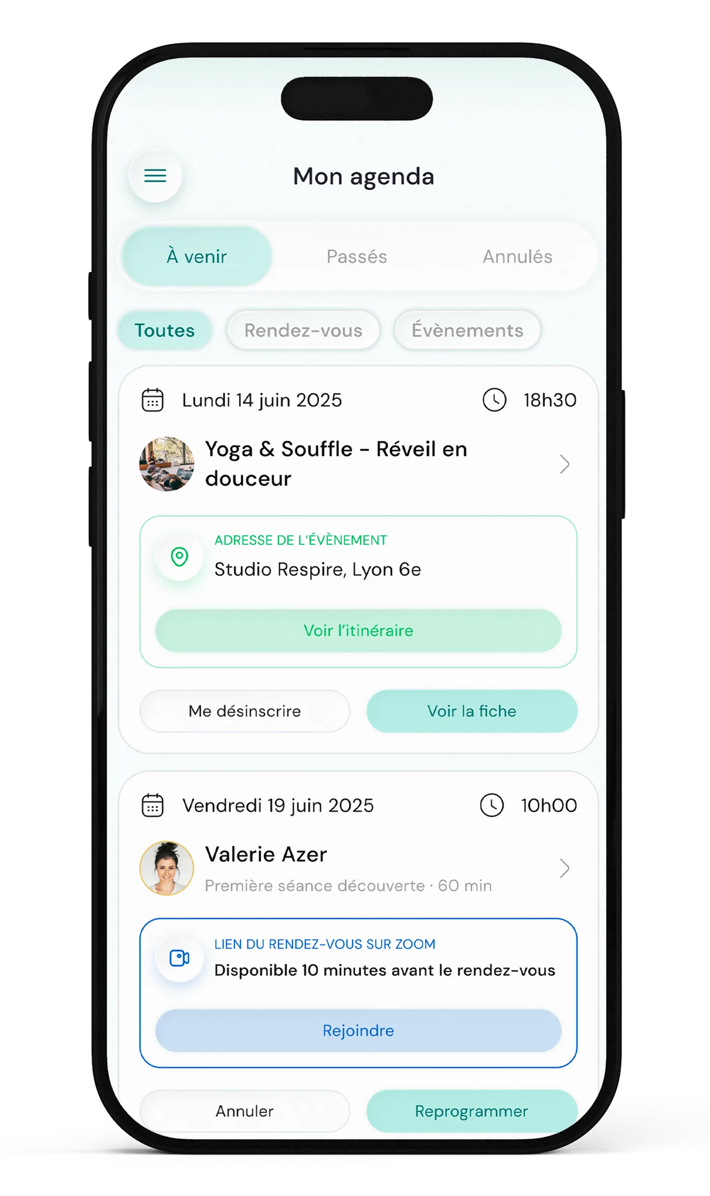 Agenda dans l'application Petits Pas